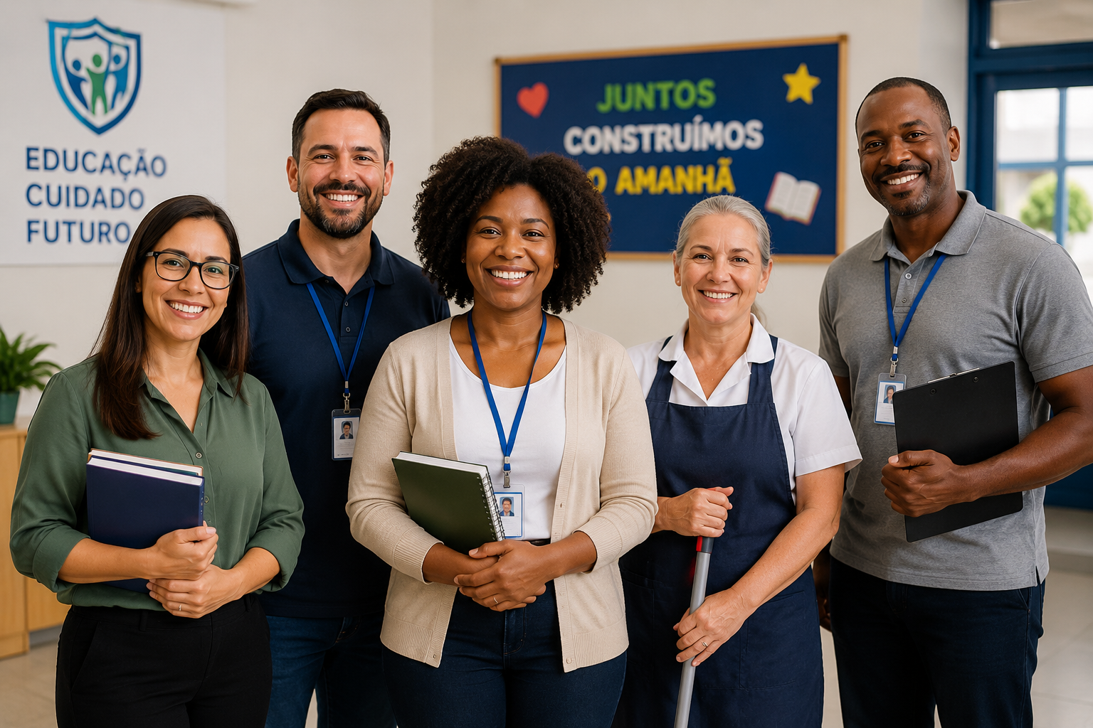 Equipe escolar reunida em um ambiente de ensino